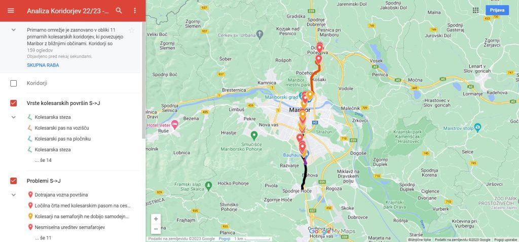 Primer prikaza interaktivnega zemljevida na koridorju A-1 z menijem na levi strani in točkami problemov različnih barv.